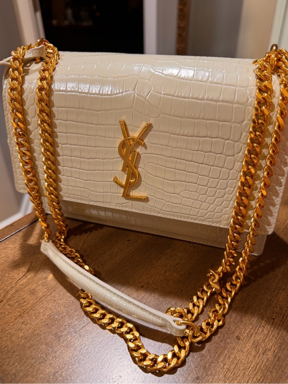 Saint Laurent Cream Croc-Embossed Crossbody with Gold Chain